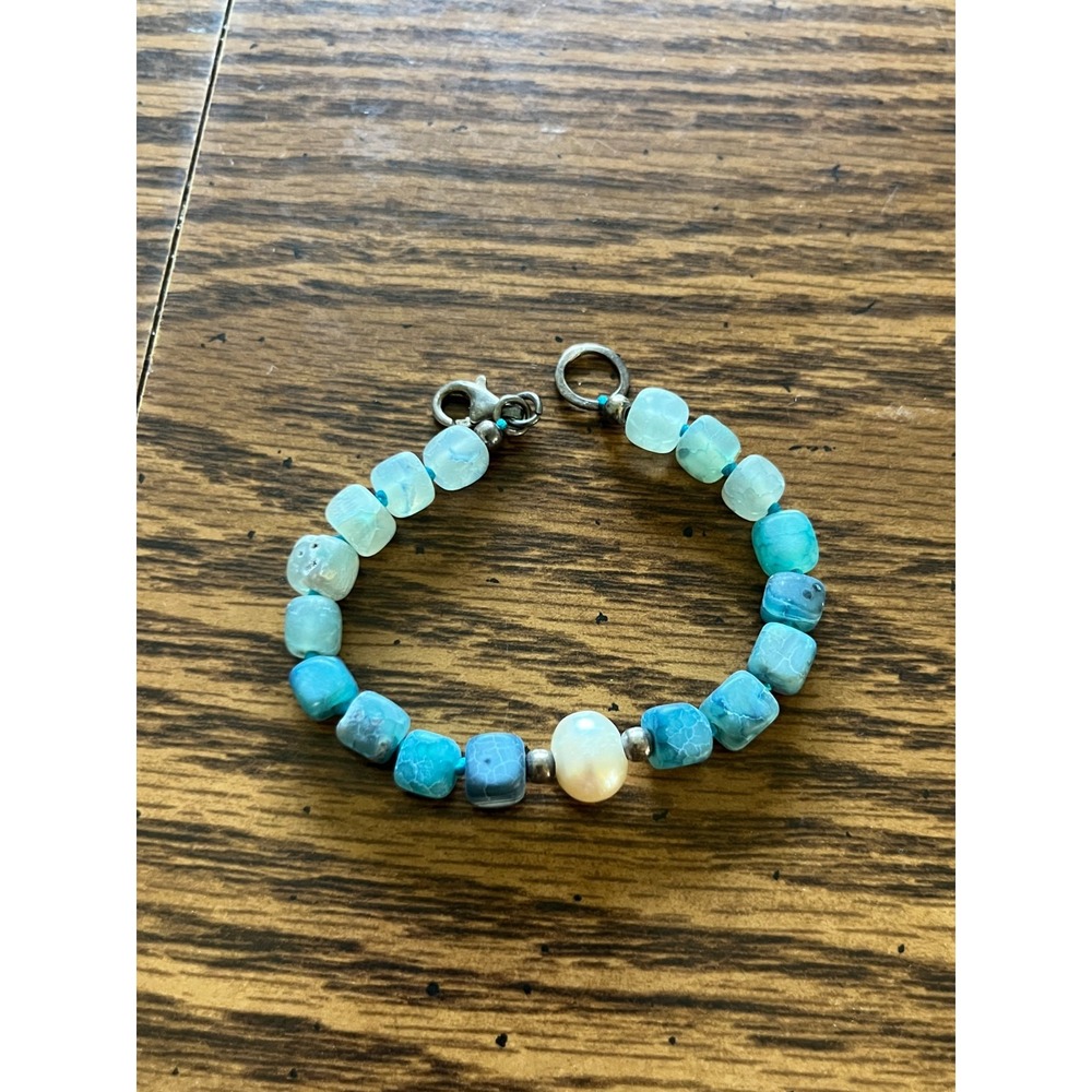 Natural Chacedony Smooth Square Gemstone Beaded Handmade  Bracelet with Pearl